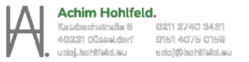 Achim Hohlfeld  | Katzbachstraße 6, 40231 Düsseldorf, Bundesrepublik Deutschland  | Telefon: +49 (0)211 27403461  | E-Mail: udoj[at]hohlfeld[.]eu